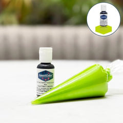 AmeriColor Electric Green gel paste provides consistent shade across batches for cookies.