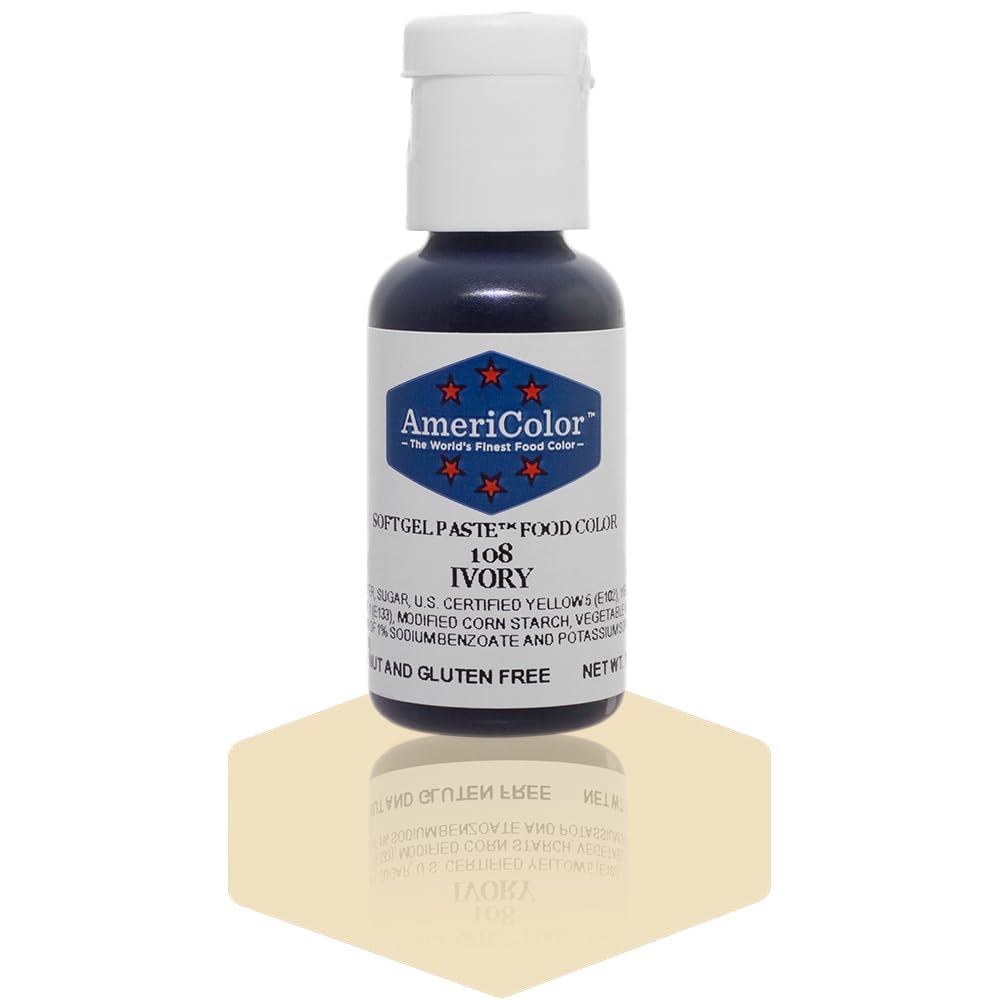 AmeriColor Ivory soft gel paste bottle delivers vibrant, controllable color for precise cake decorating.