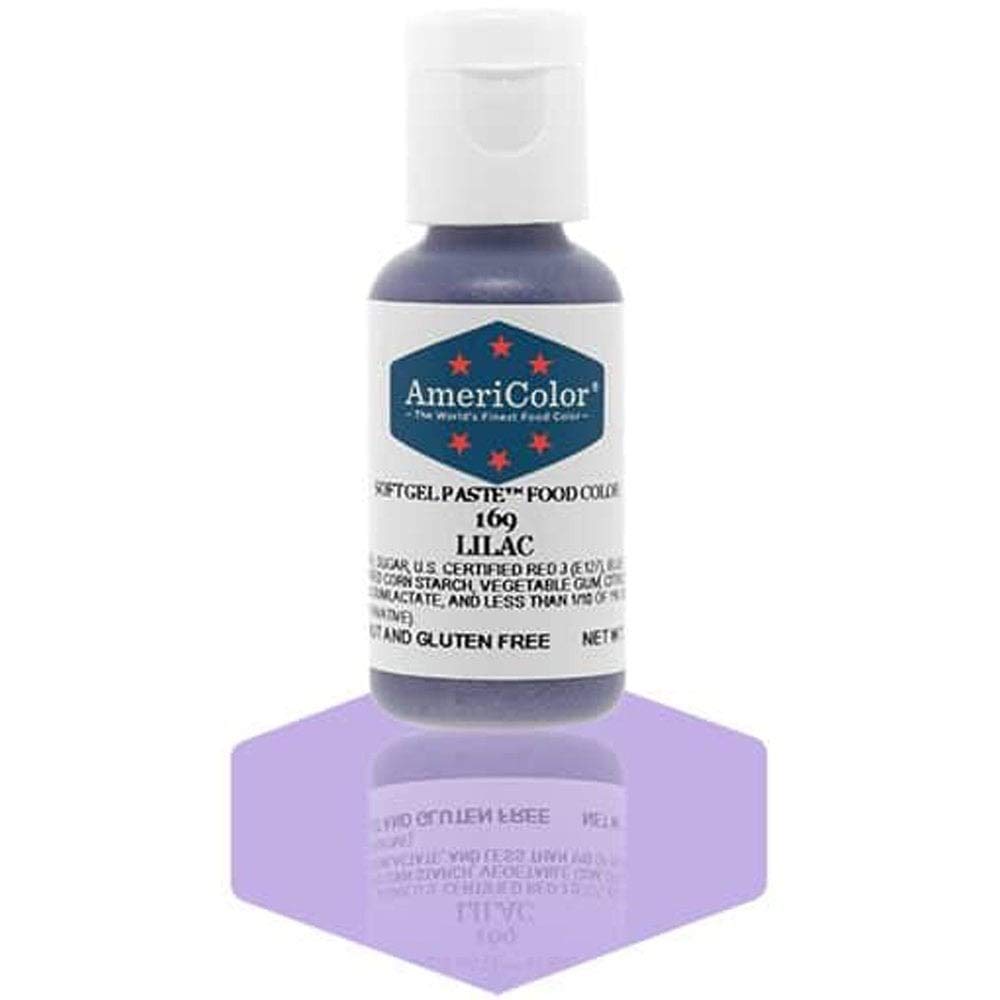 AmeriColor Lilac Soft Gel Paste bottle with pourable gel enables precise, repeatable icing color drops.