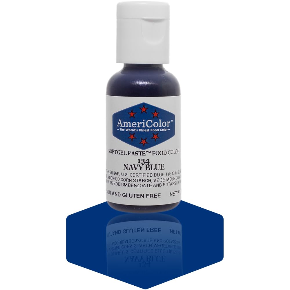 AmeriColor Navy Blue Soft Gel Paste bottle pour for precise color control.