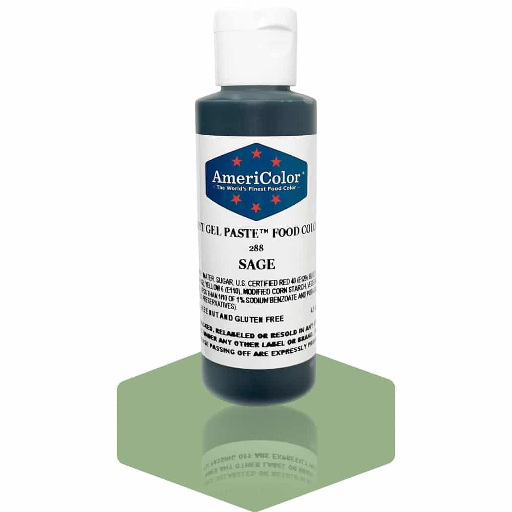 AmeriColor Sage Soft Gel Paste bottle enables precise icing color control.