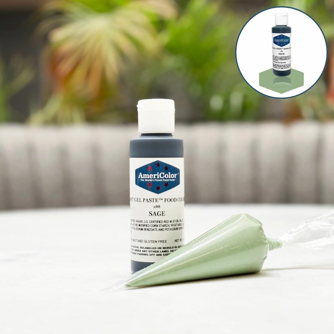 AmeriColor Sage Soft Gel Paste drops from flip-top cap enable precise tinting.