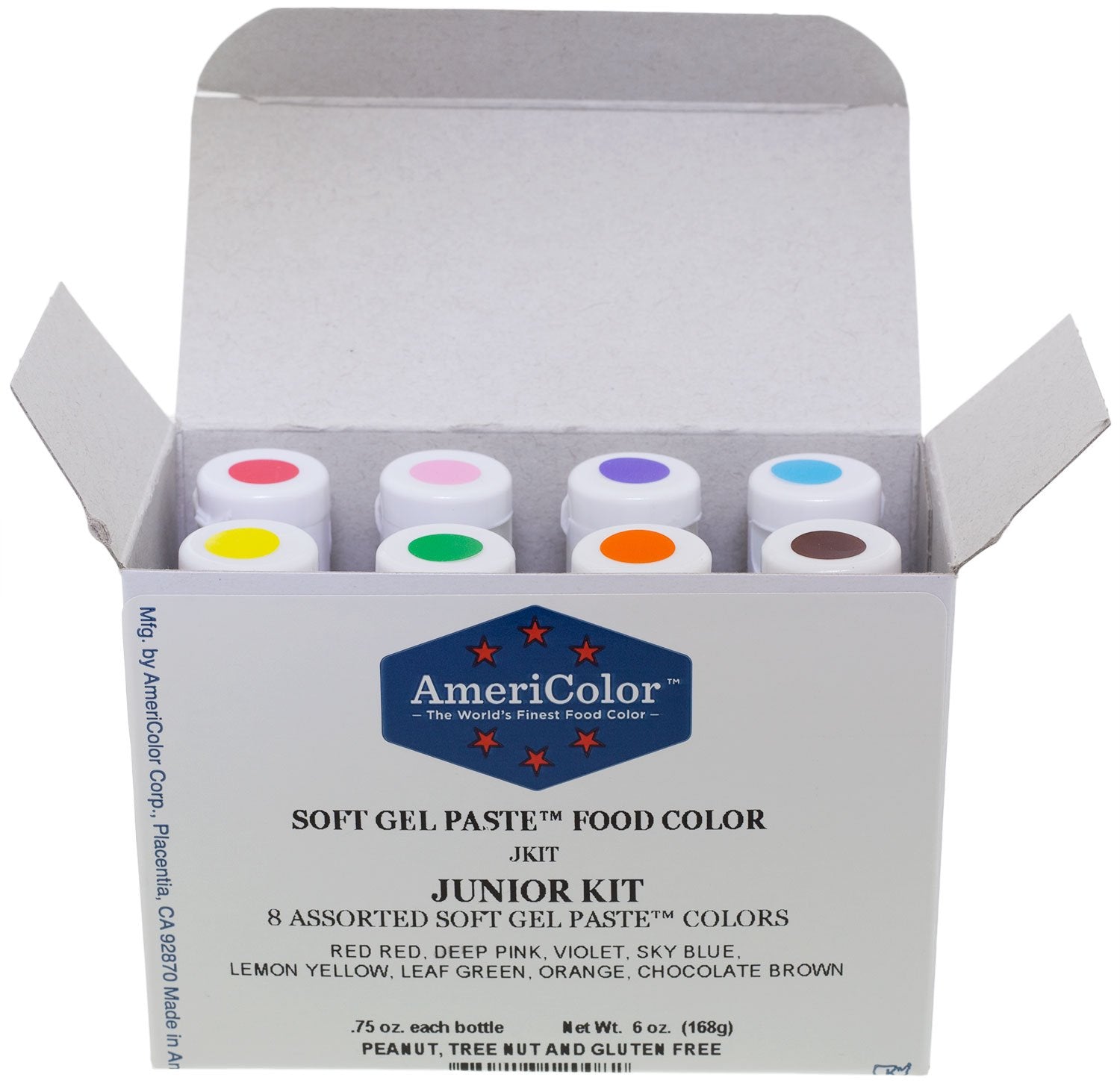 AmeriColor Soft Gel Paste Kit with eight color bottles for consistent cake coloring.