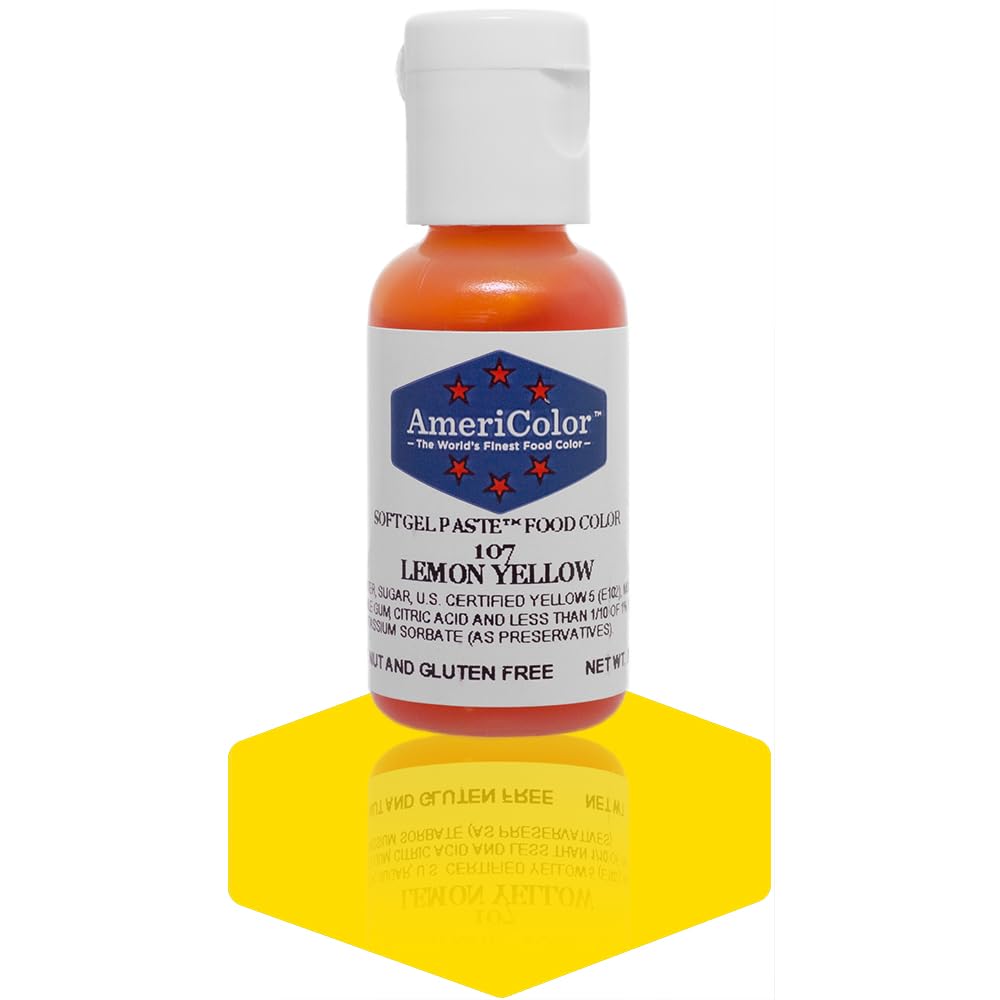 Americolor Soft Gel Paste Lemon Yellow bottle showing vibrant, consistent color
