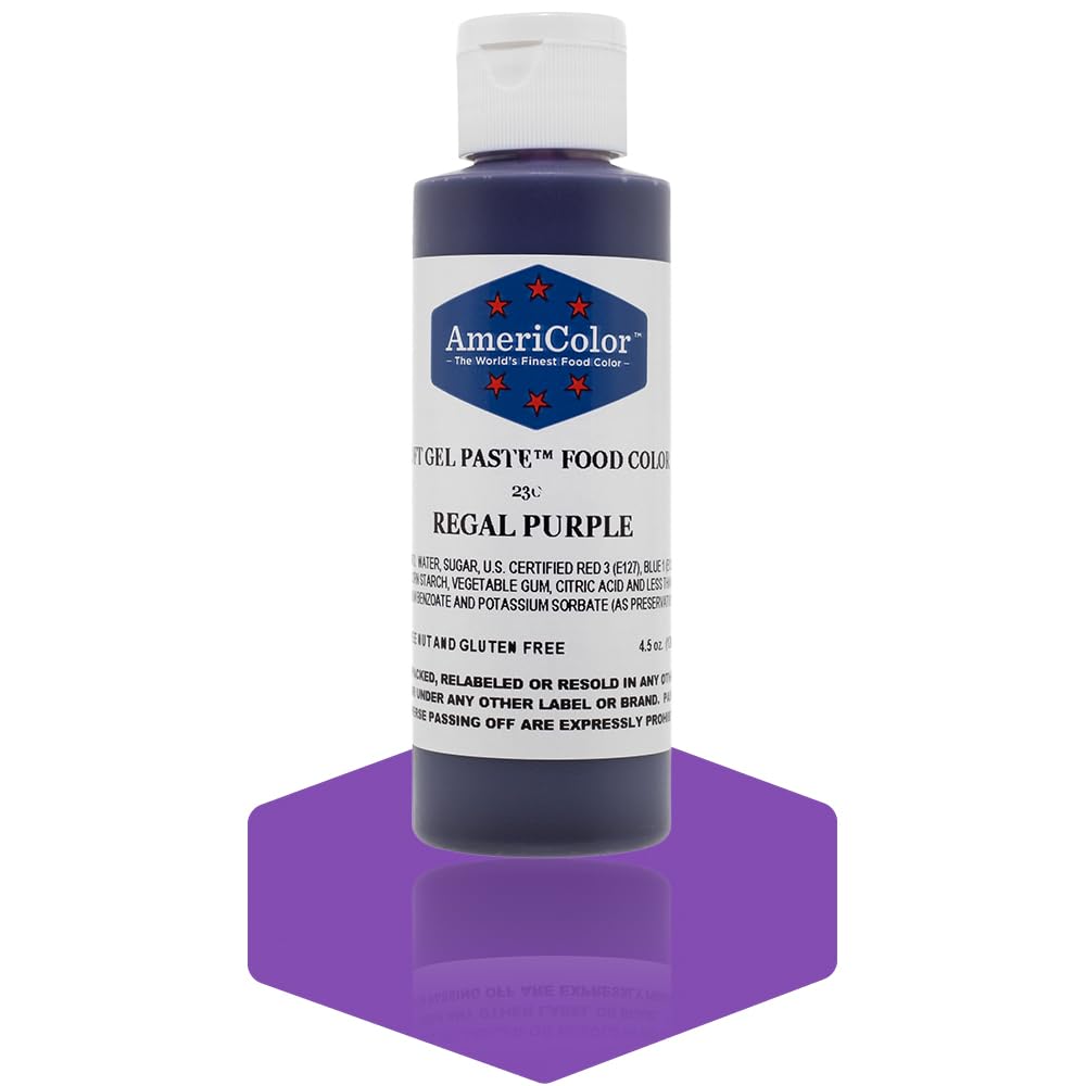 AmeriColor Soft Gel Paste Regal Purple bottle for even cake coloring