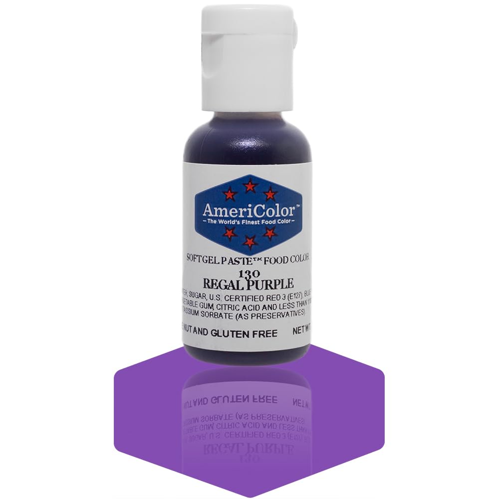 Americolor Regal Purple soft gel paste tube adds vibrant color to frosting.