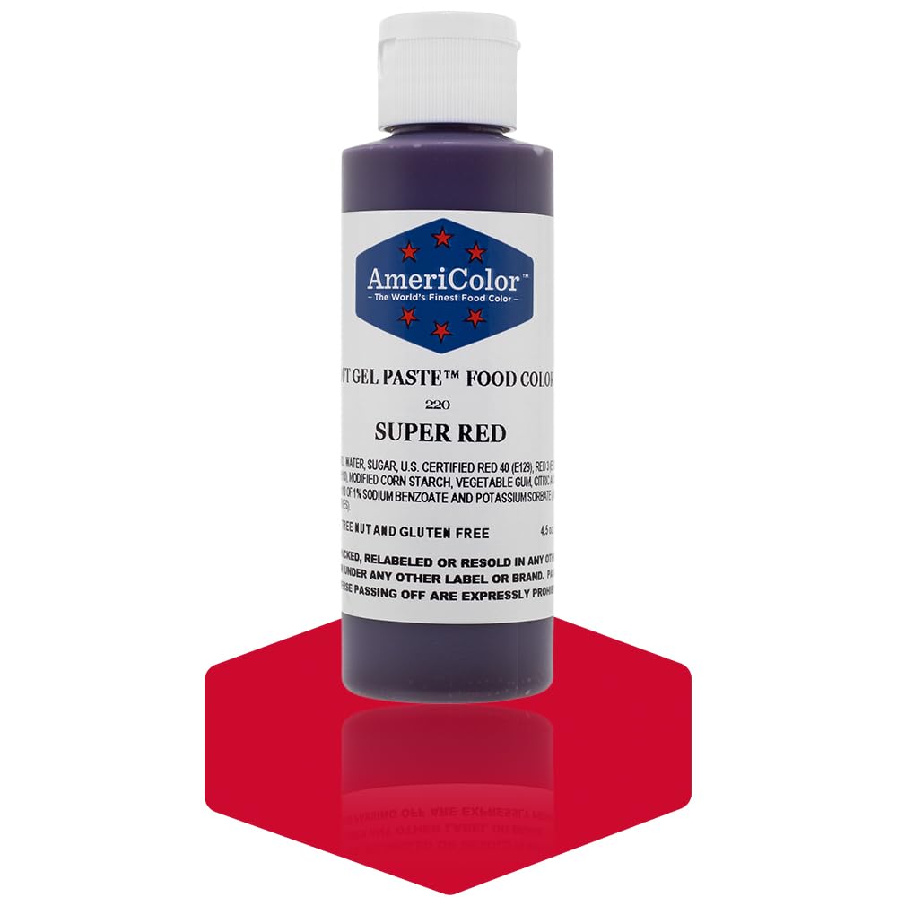 Americolor Soft Gel Paste Soft Red bottle shows vibrant color for consistent icing hues.