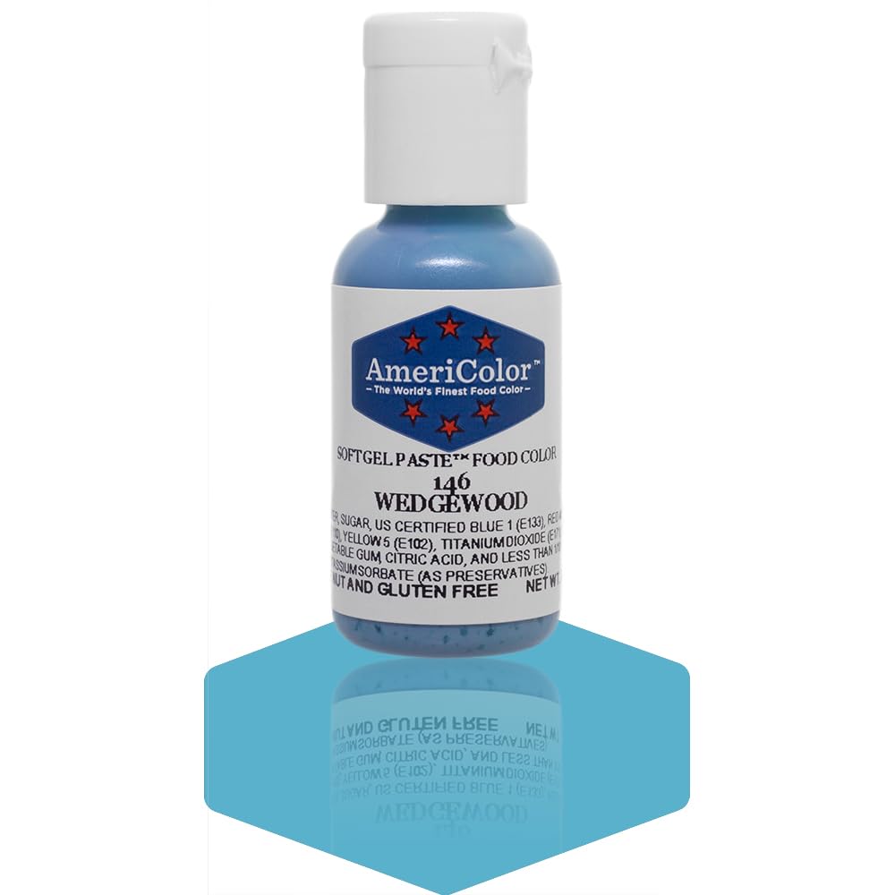AmeriColor Soft Gel Paste Wedgewood bottle shows vibrant, even icing color with minimal product