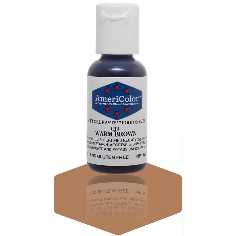 AmeriColor Warm Brown soft gel paste bottle for even color in frostings.