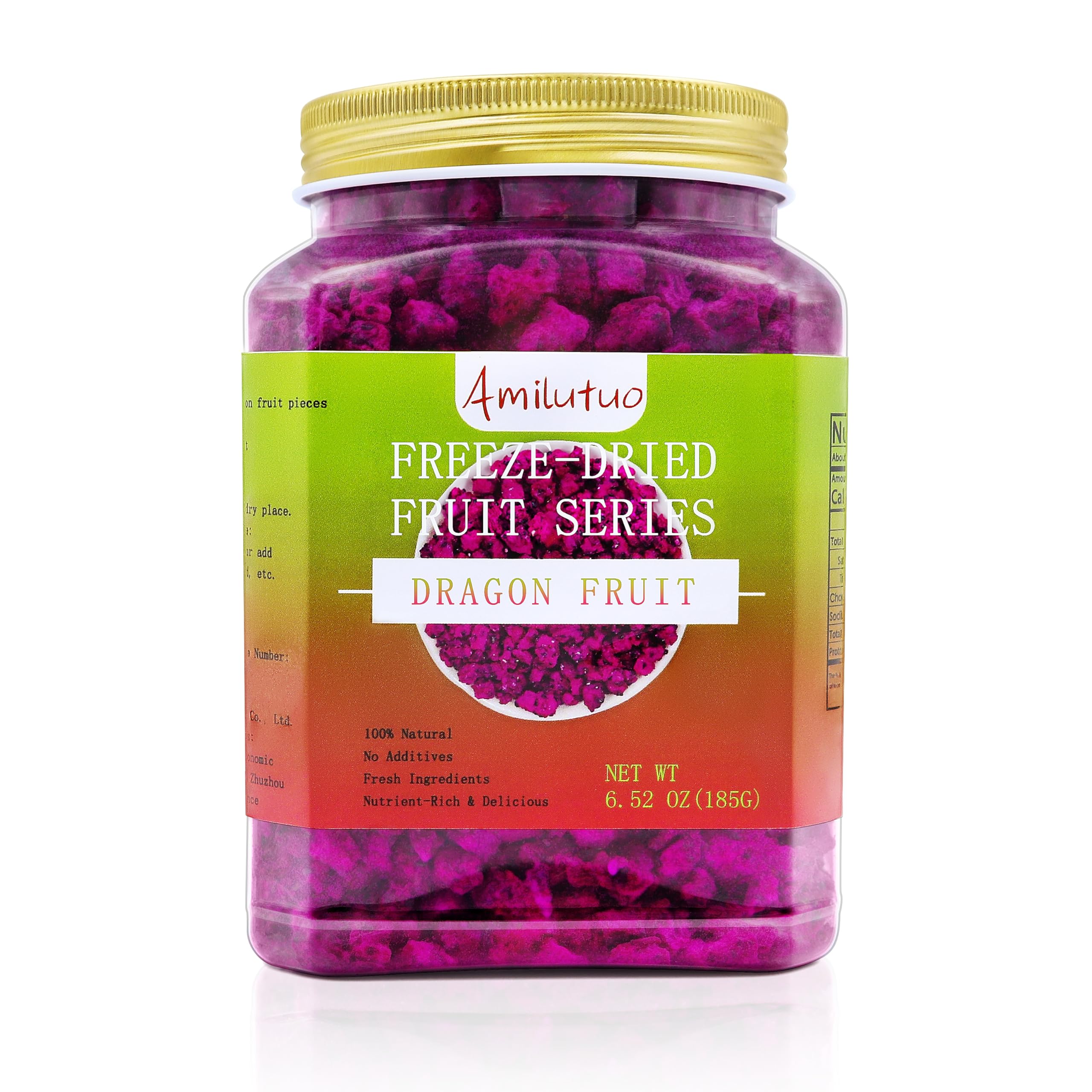 Amilutuo freeze-dried dragon fruit chunks in a jar for shelf-stable snacking and topping ideas