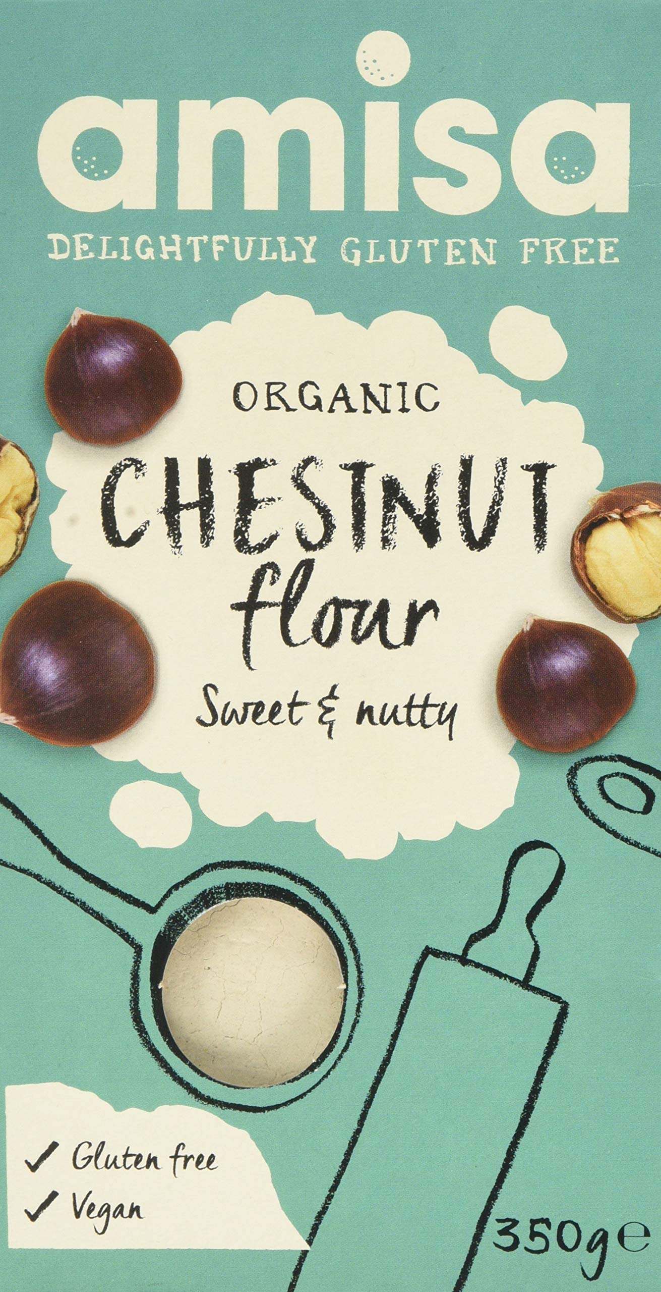 Amisa BIONA Chestnut Flour packaging with organic seal for gluten-free cooking.