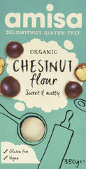 Amisa BIONA Chestnut Flour packaging with organic seal for gluten-free cooking.