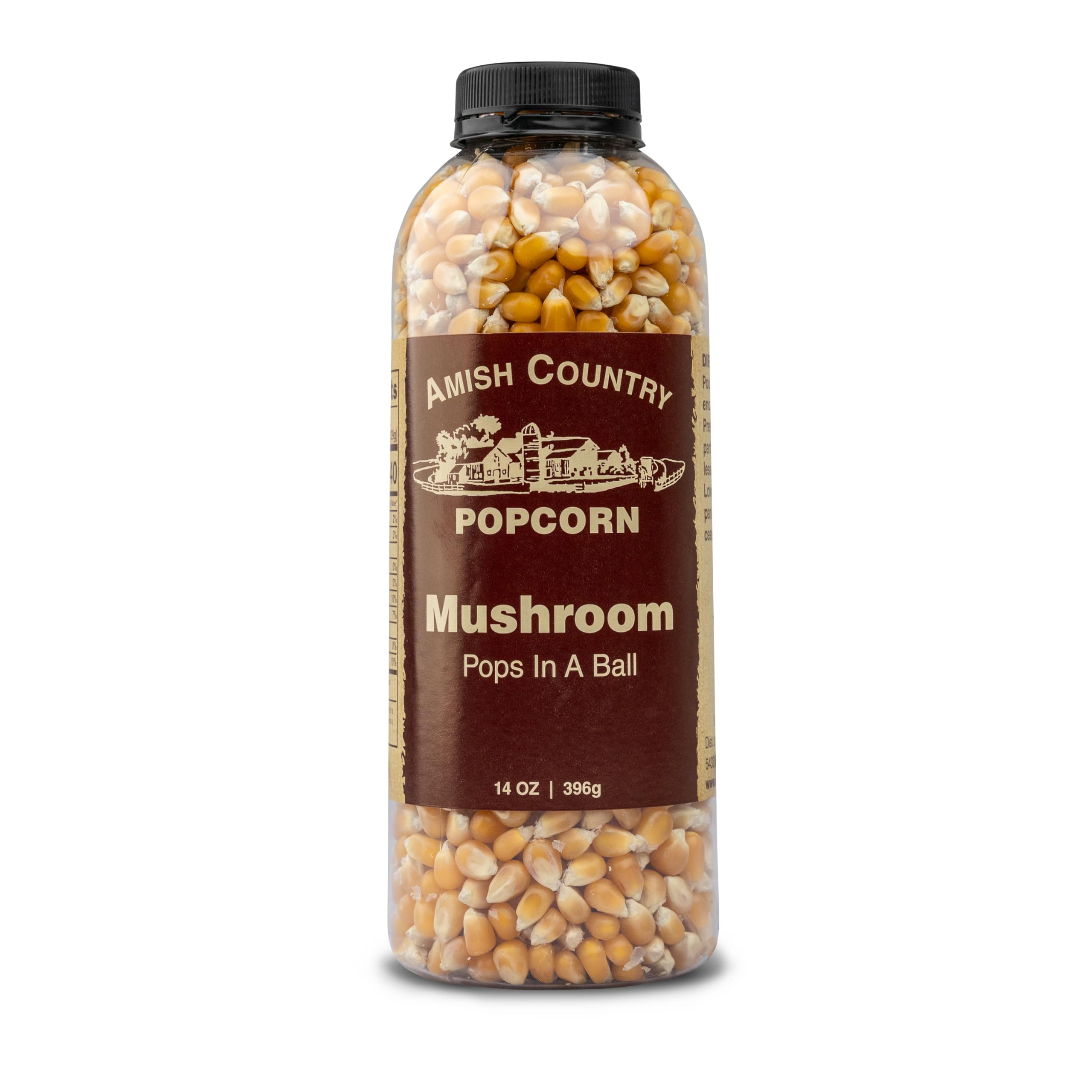 Amish Country Popcorn bottle with mushroom kernels ready to pop for crisper popcorn