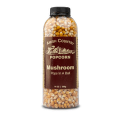 Amish Country Popcorn bottle with mushroom kernels ready to pop for crisper popcorn