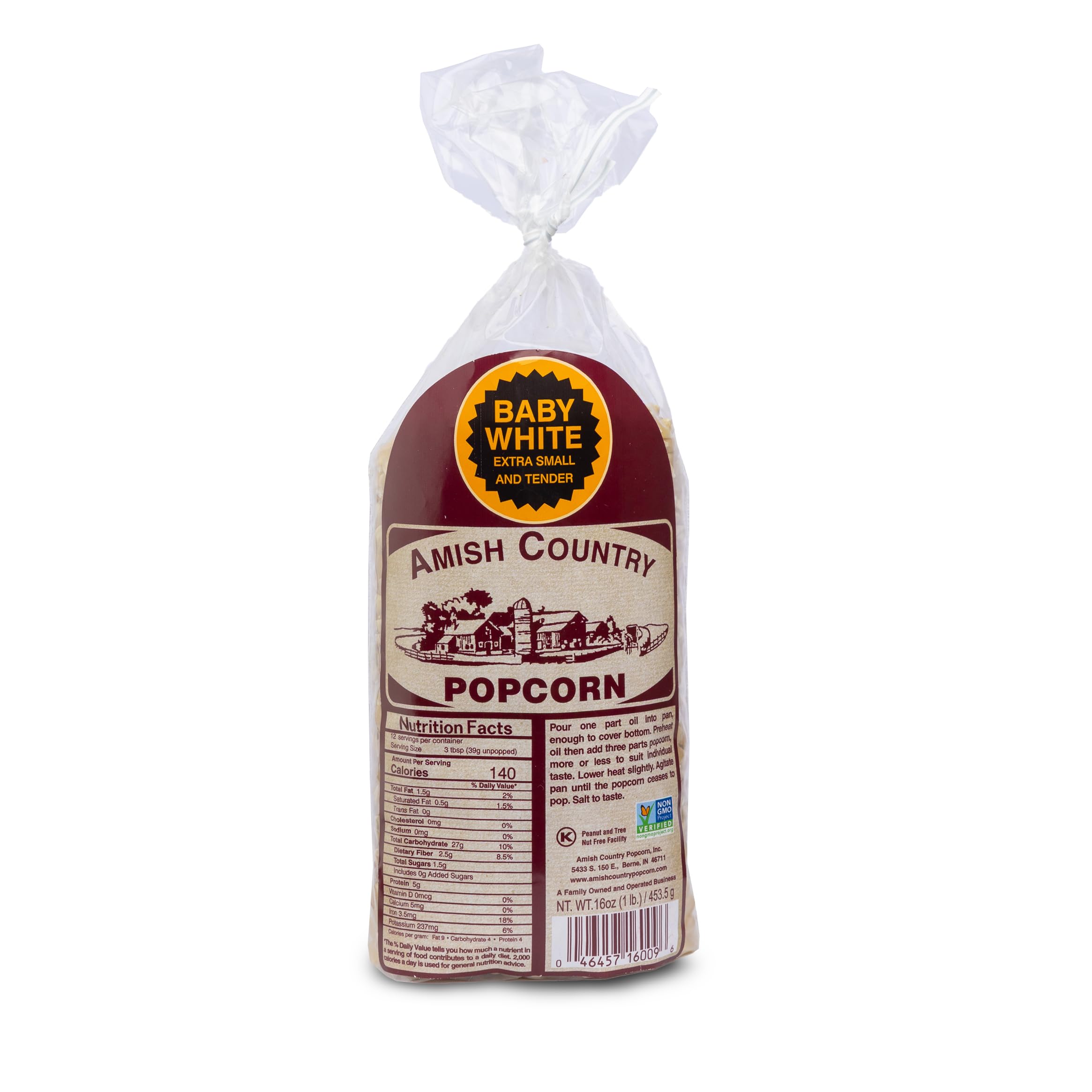 Amish Country Popcorn 1 lb bag with baby white kernels, non-GMO and gluten-free.