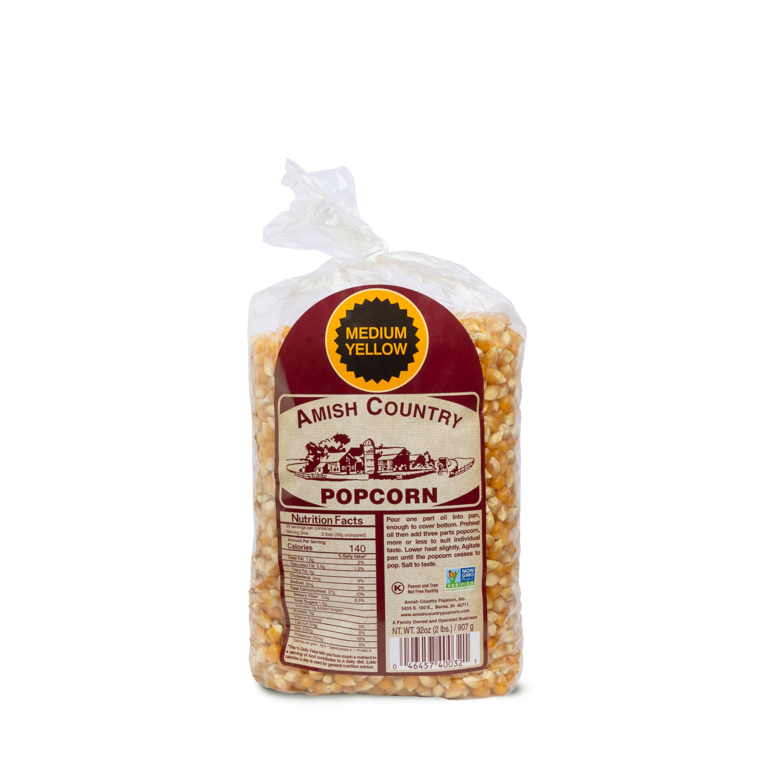 Amish Country Popcorn 2lb bag with medium yellow kernels ready for popping.