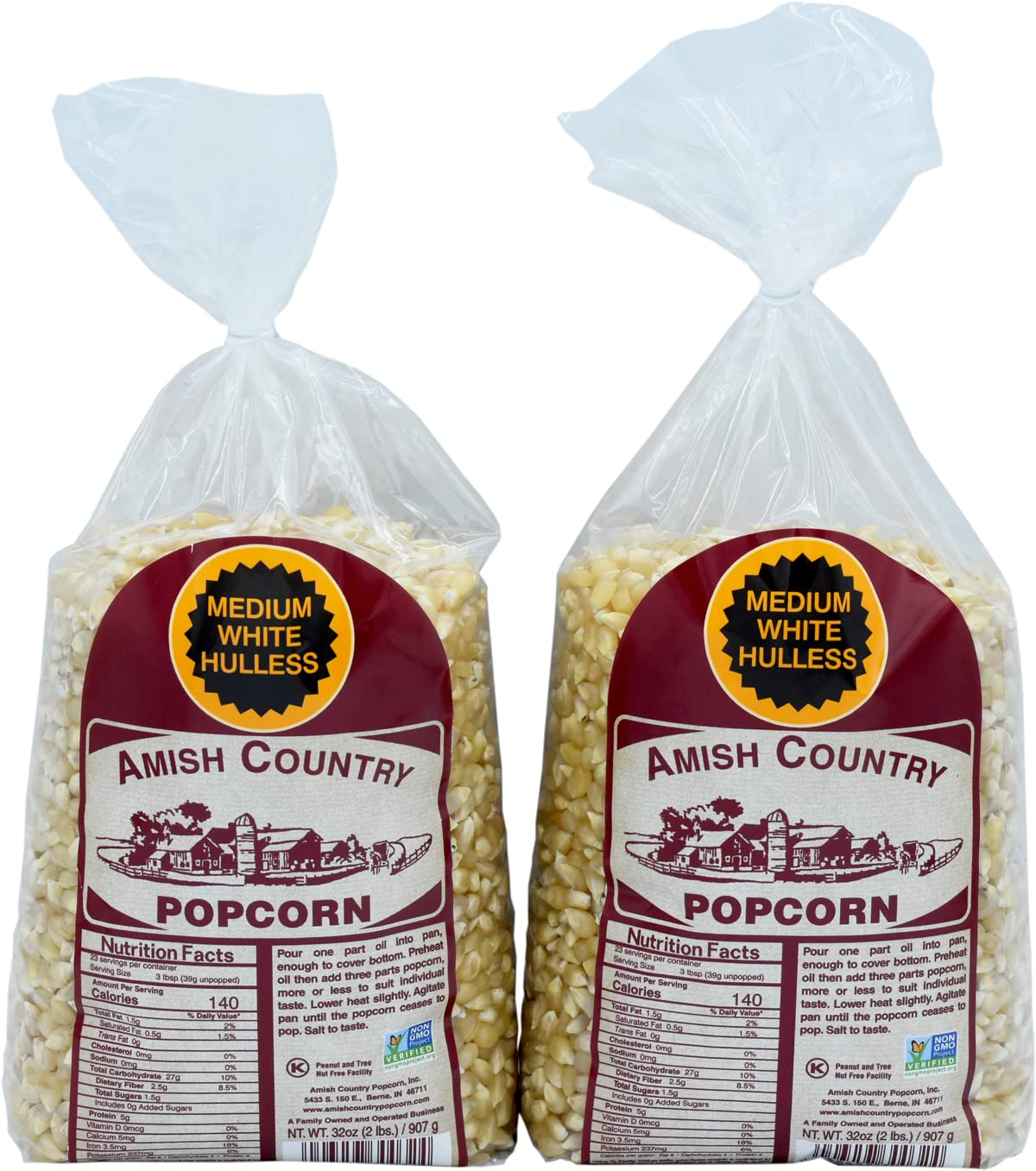 Amish Country Popcorn two 2-lb bags ready for popping and sharing.