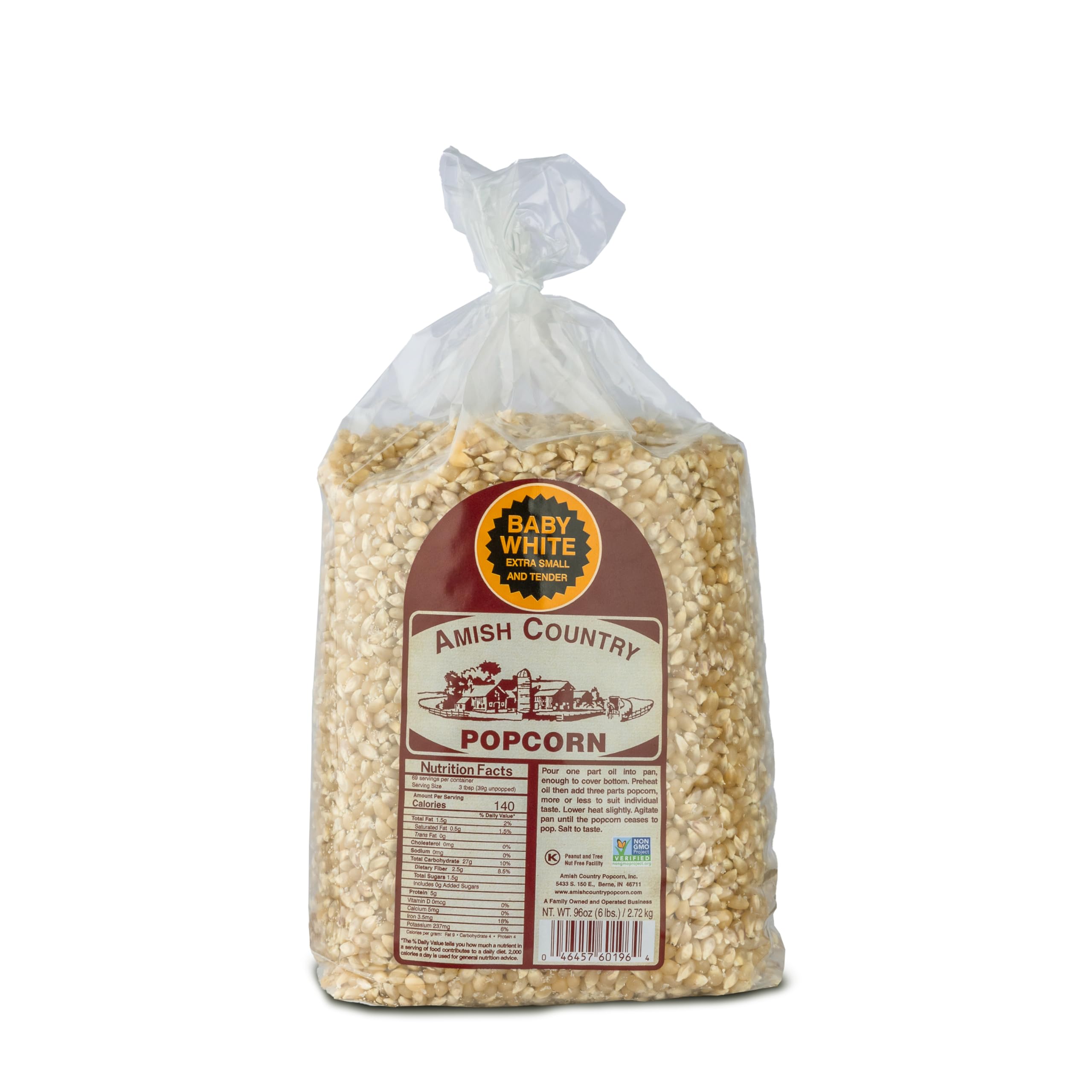 Amish Country Popcorn 6 lb bag with baby white kernels for tender pops.