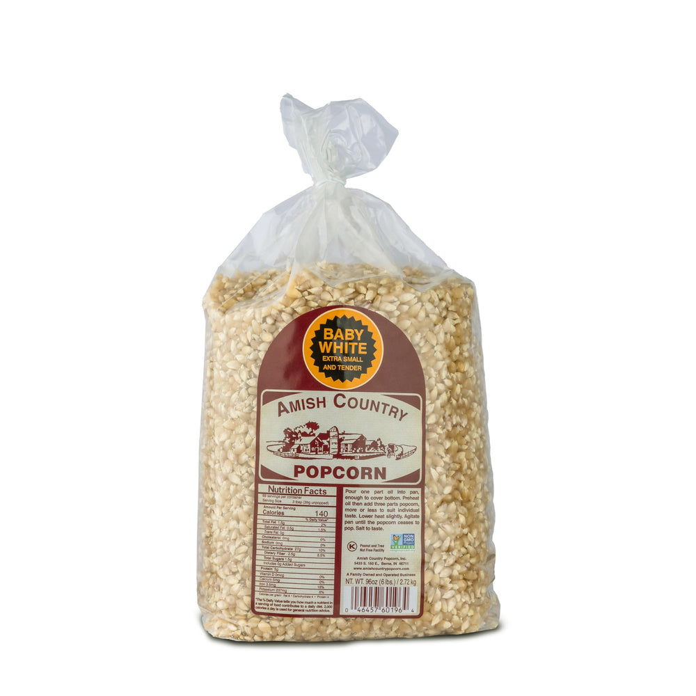 Amish Country Popcorn 6 lb bag with baby white kernels for tender pops.