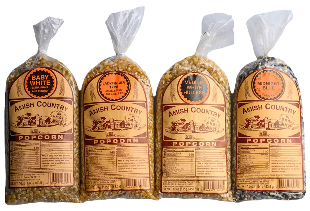 Amish Country Popcorn Baby White kernels in bag ready to pop into light, fluffy popcorn.