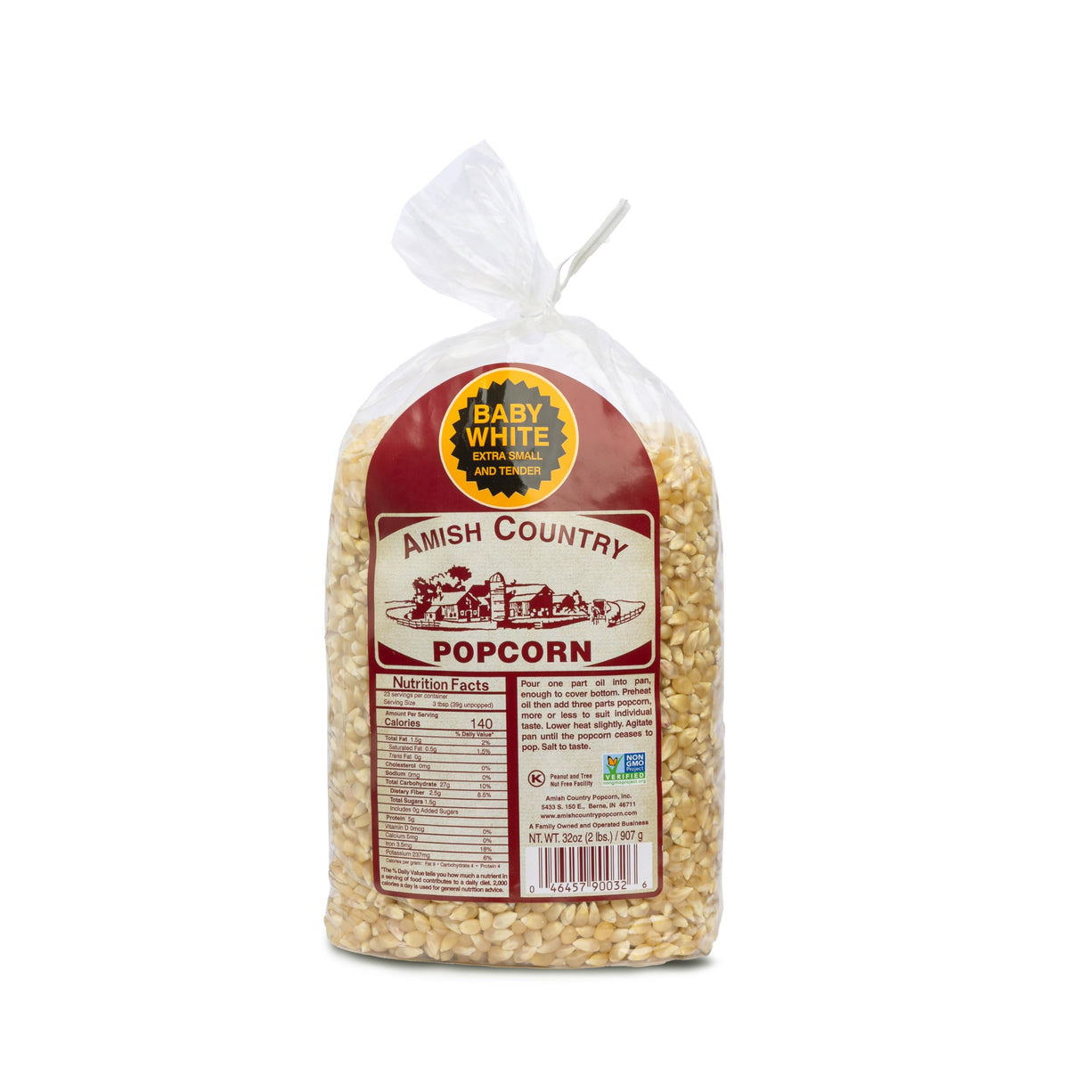 Amish Country Popcorn Baby White kernels in a 2 lb bag for quick, tender popping.