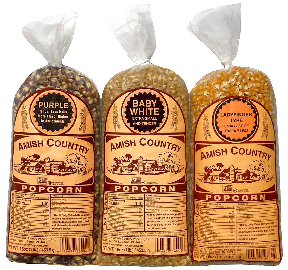 Amish Country Popcorn Baby White kernels, ideal for light popping.