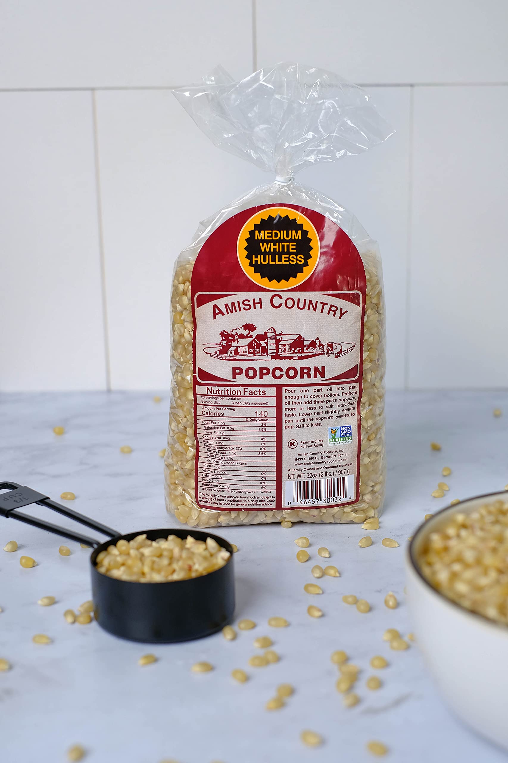 Amish Country Popcorn bag back label highlights ingredients and gluten-free status