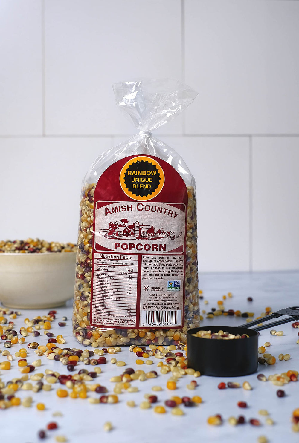 Amish Country Popcorn bag front close-up showing colorful kernels ready to pop.