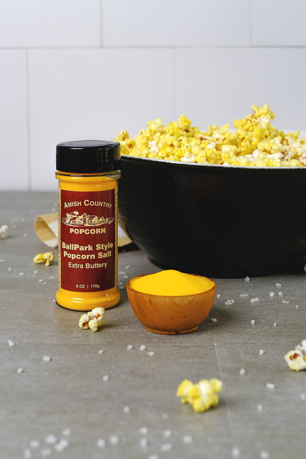 Amish Country Popcorn Ballpark ButterSalt label highlights nut-free formulation.