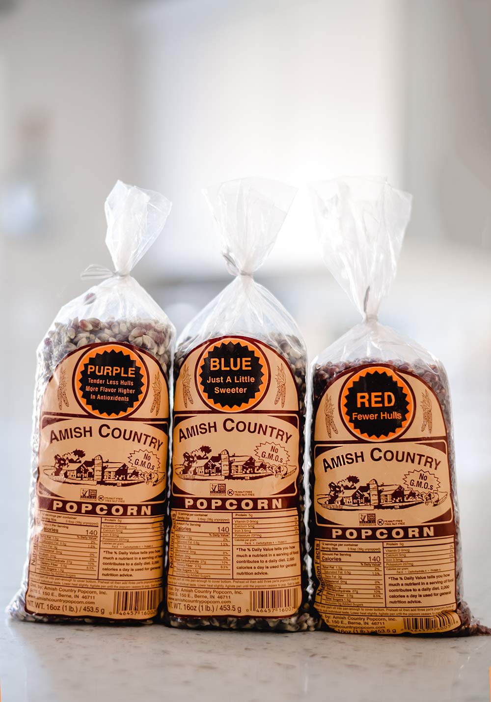 Amish Country Popcorn blue kernel bag ideal for movie night.