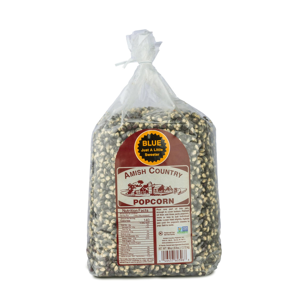 Amish Country Popcorn blue kernel bag ready to pop.