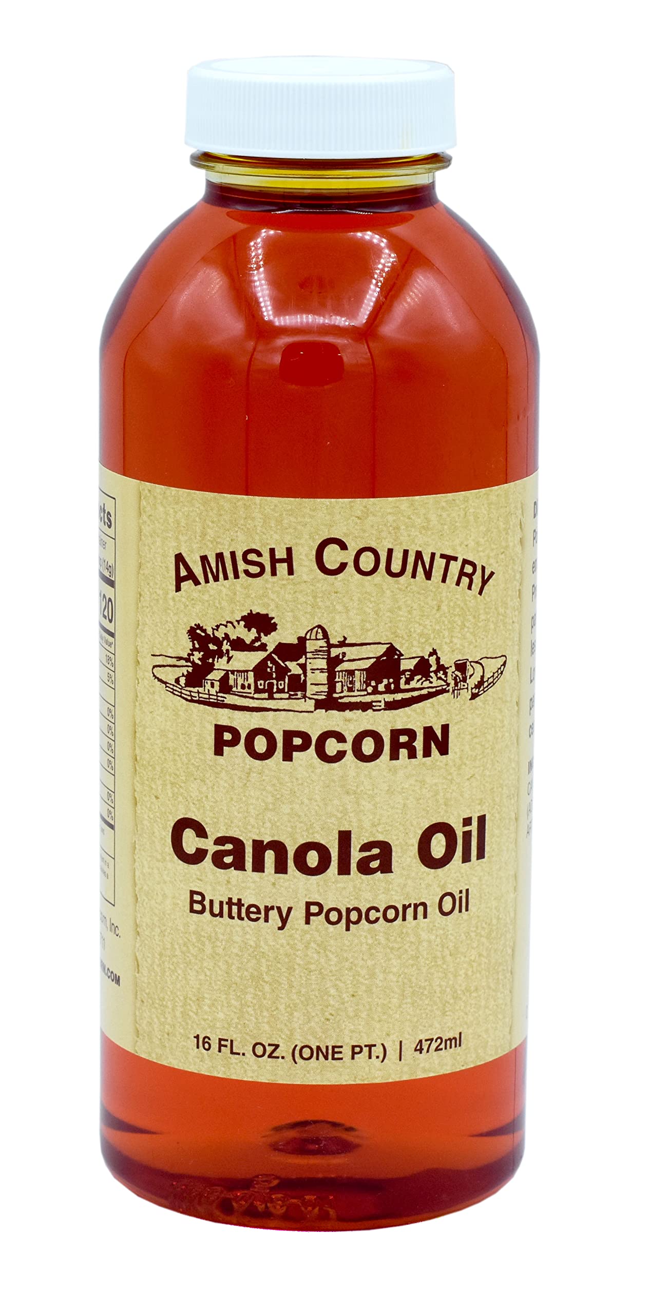 Amish Country Popcorn butter-flavored canola oil 16 oz bottle highlights rich aroma for popcorn.