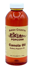 Amish Country Popcorn butter-flavored canola oil 16 oz bottle highlights rich aroma for popcorn.