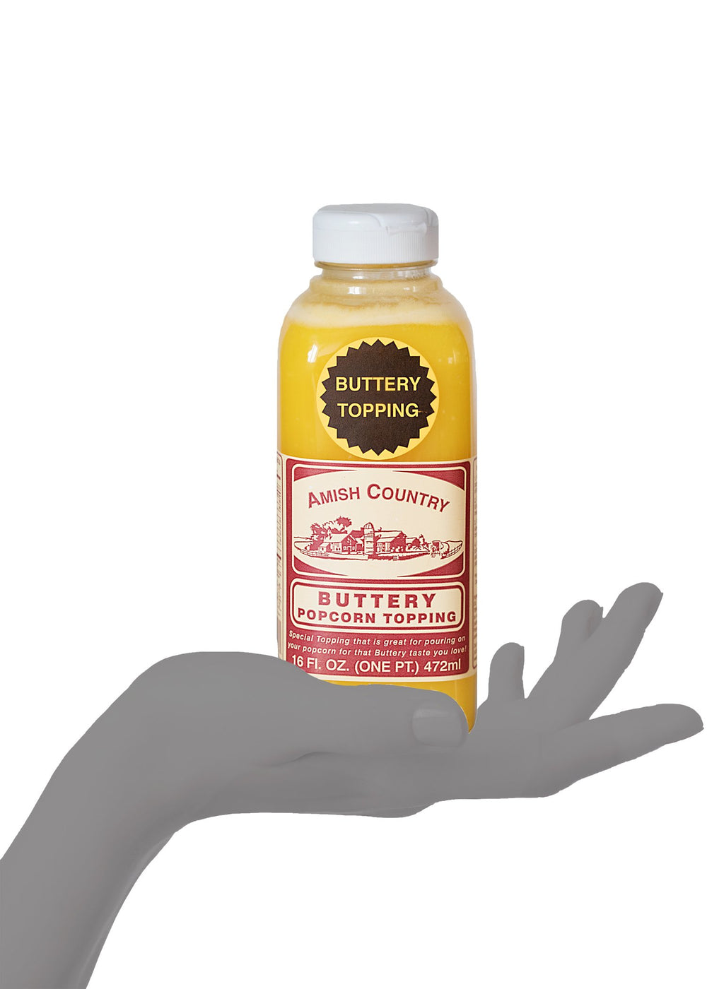 Amish Country Popcorn Buttery Topping packaging for pantry-friendly simplicity.