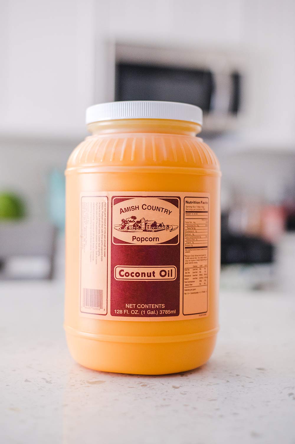 Amish Country Popcorn coconut oil low-calorie icon suggests a lighter popcorn option