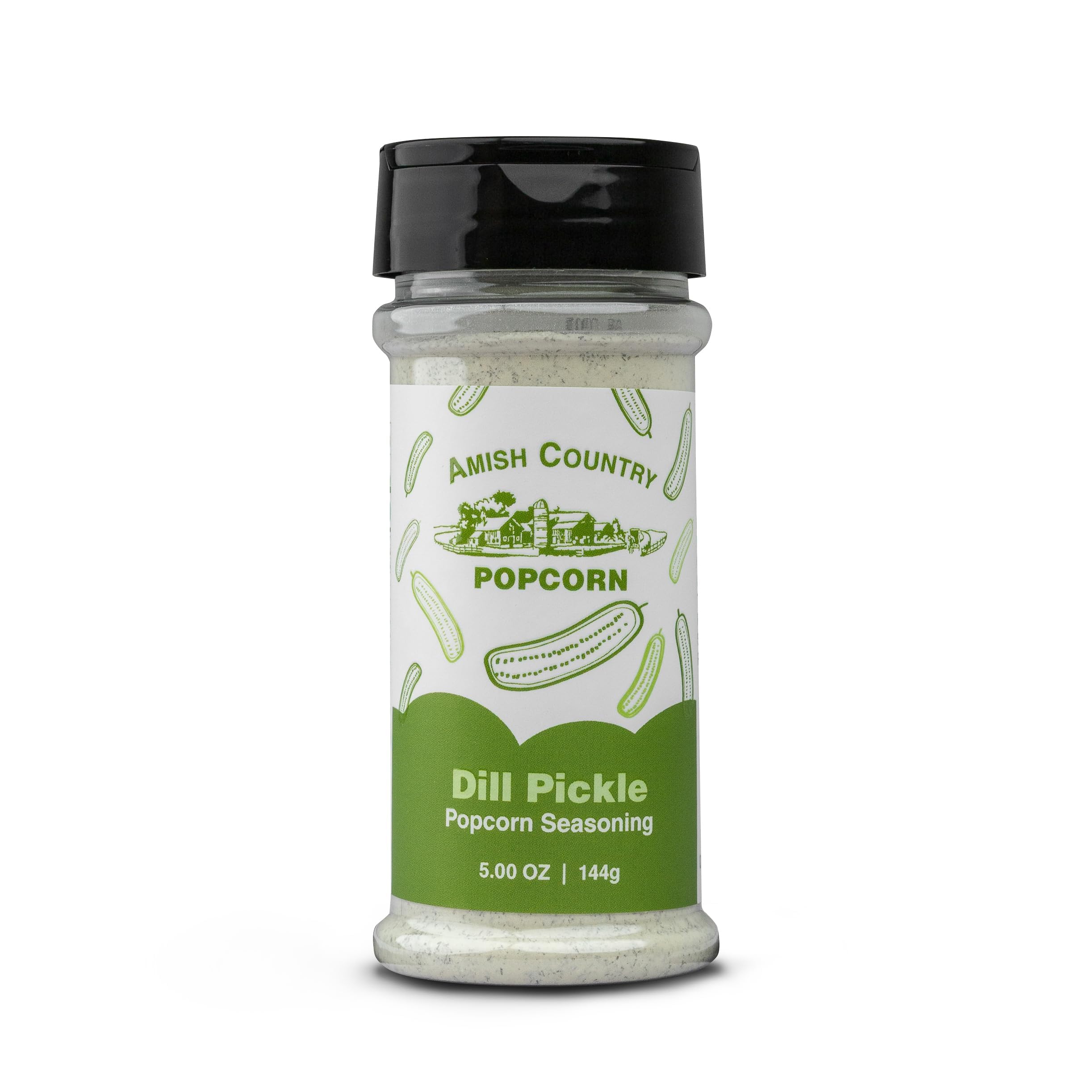 Amish Country Popcorn Dill Pickle Seasoning jar adds bold flavor to popcorn for easy snacking