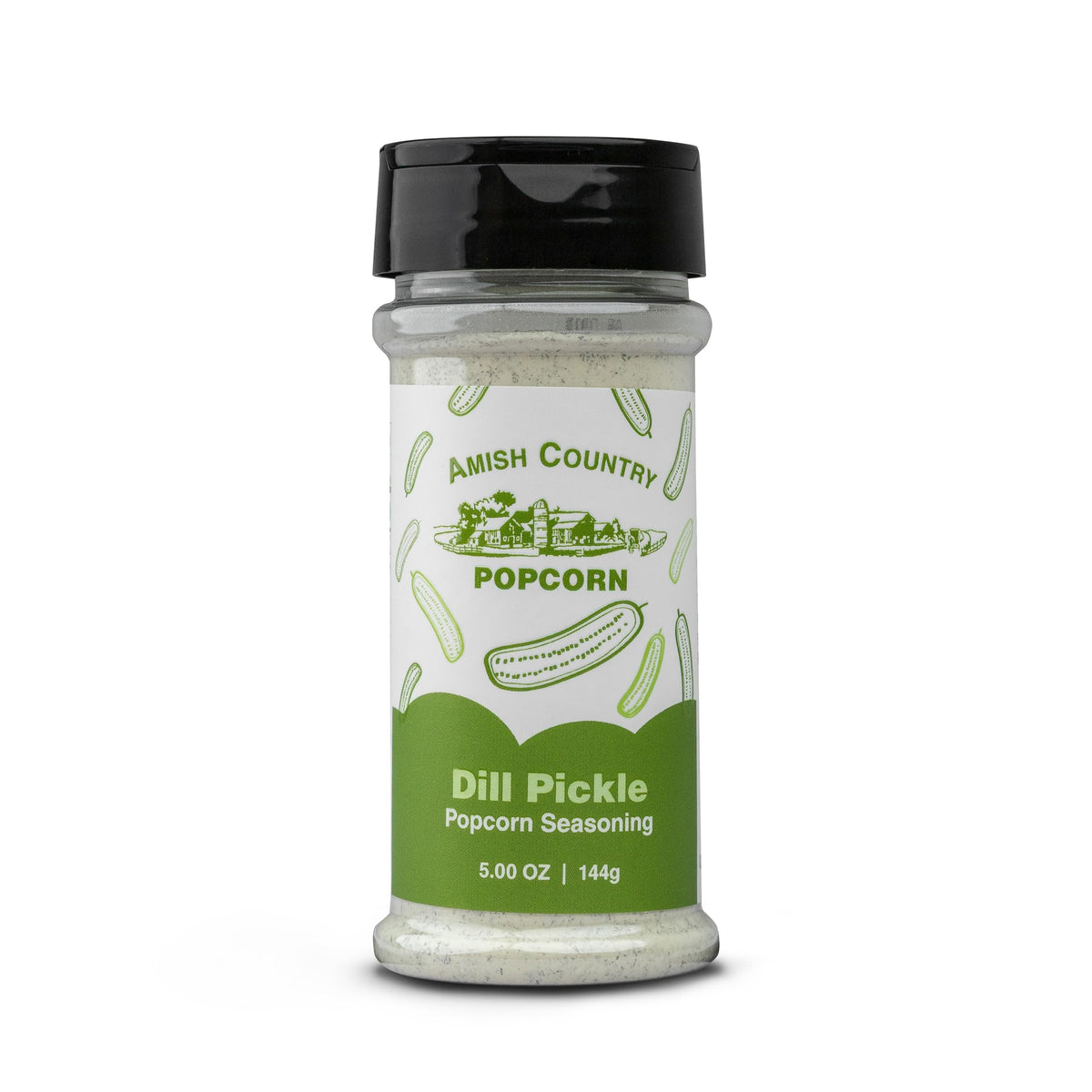 Amish Country Popcorn Dill Pickle Seasoning jar adds bold flavor to popcorn for easy snacking