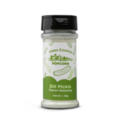 Amish Country Popcorn Dill Pickle Seasoning jar adds bold flavor to popcorn for easy snacking