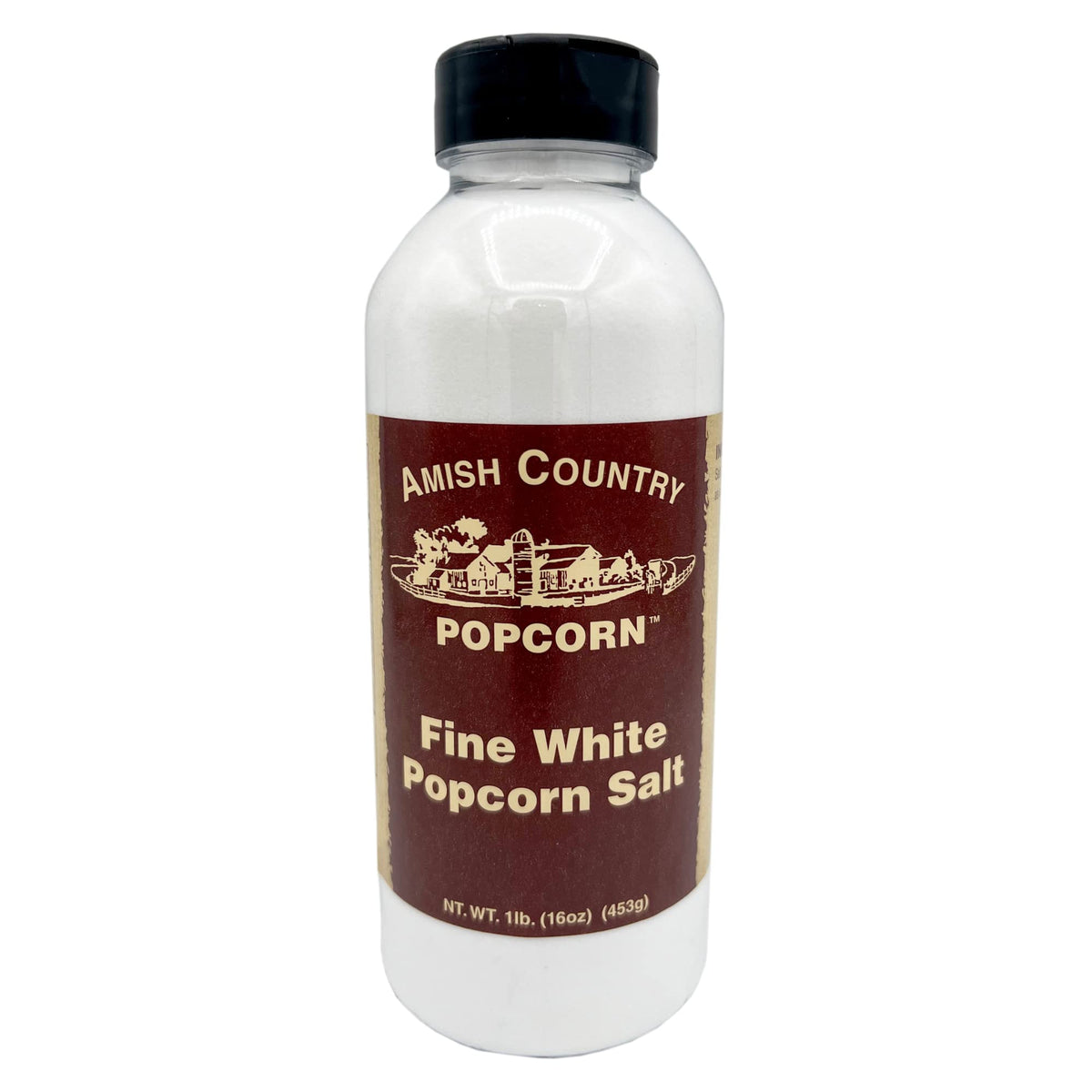 Amish Country Popcorn fine white salt bag front for easy seasoning.