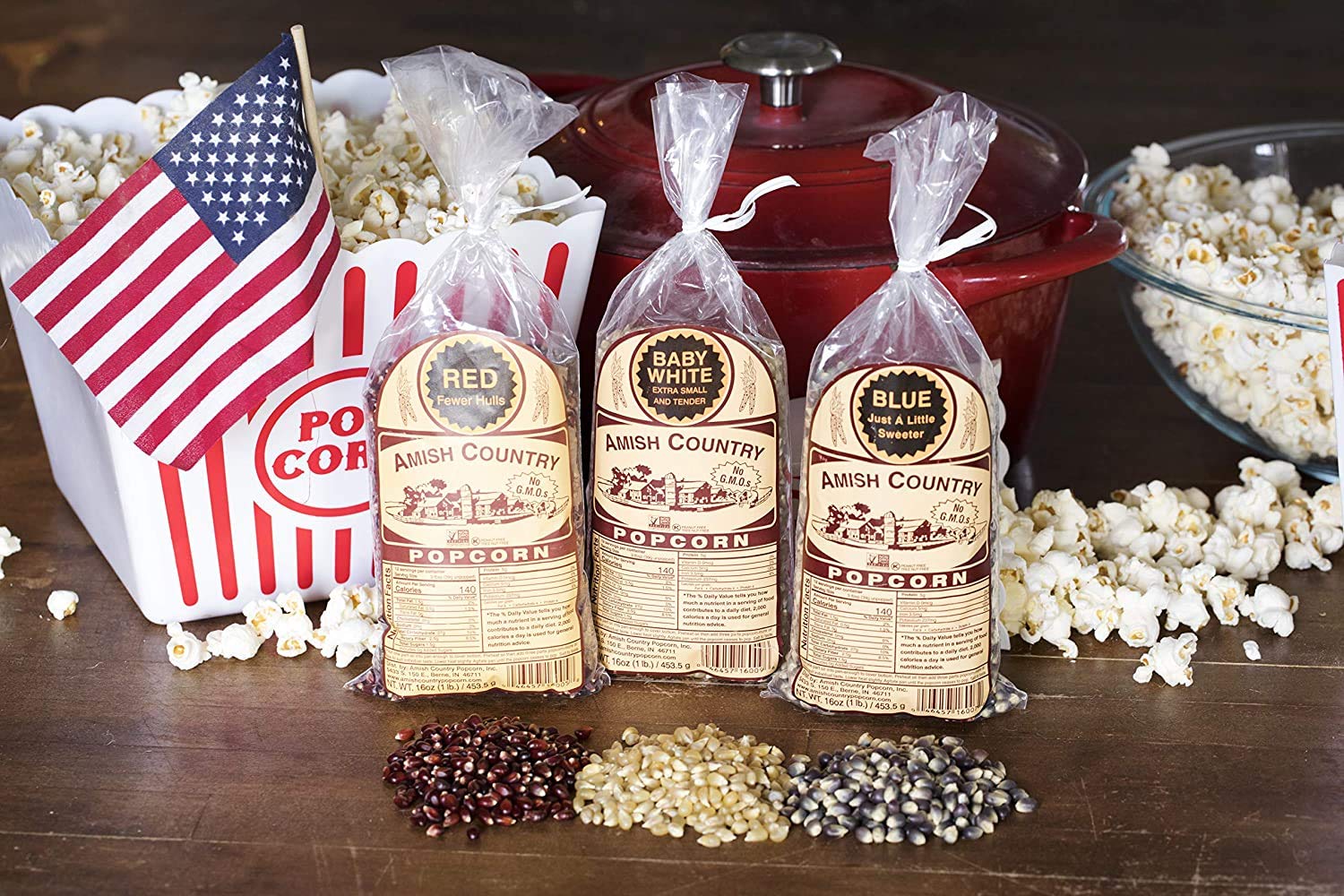 Amish Country Popcorn 3lb gift set shows a bundle ready for gifting.