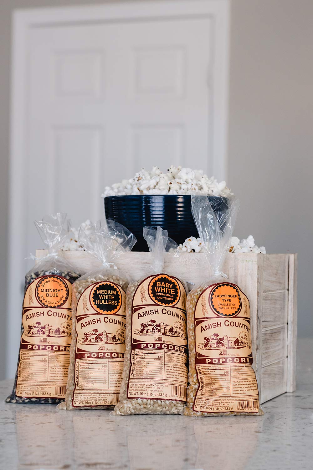Amish Country Popcorn Ladyfinger kernels for crisp, tender popcorn at movie night.