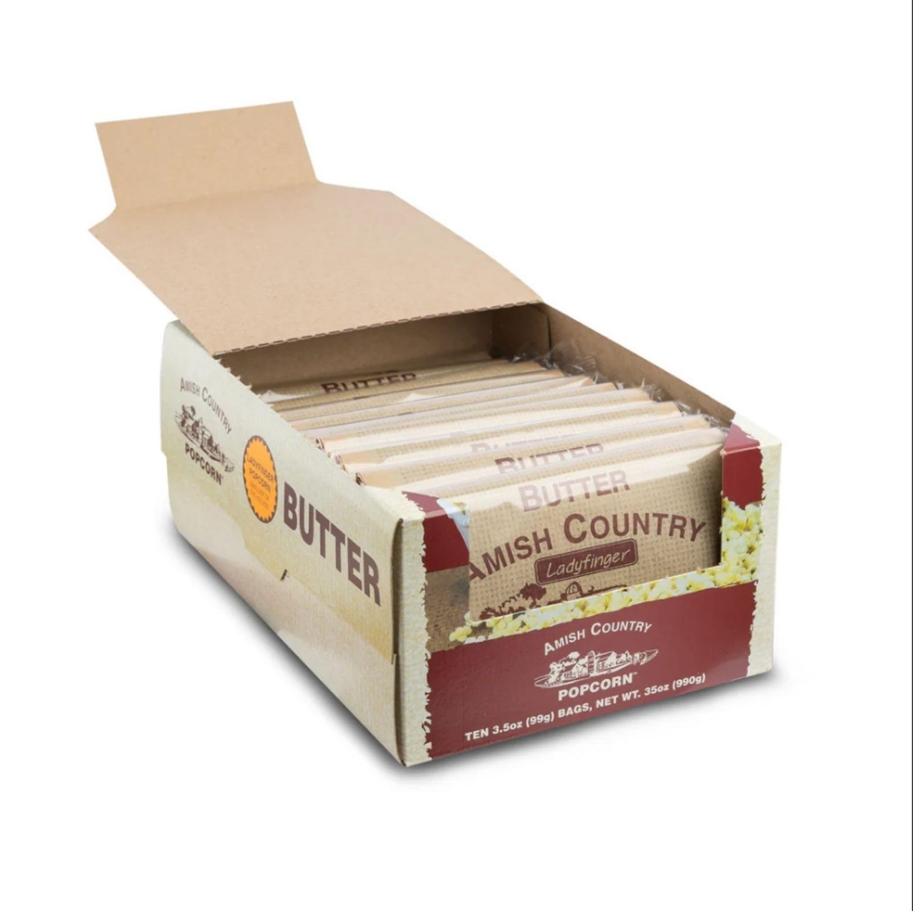Amish Country Popcorn Ladyfinger Butter snack-setup on table
