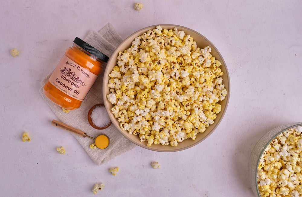 Amish Country Popcorn low calorie banner signaling light yet tasty bite.