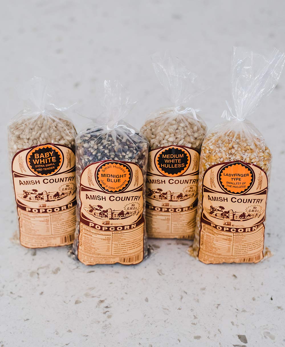 Amish Country Popcorn Medium White bag ideal for everyday snacking at home.