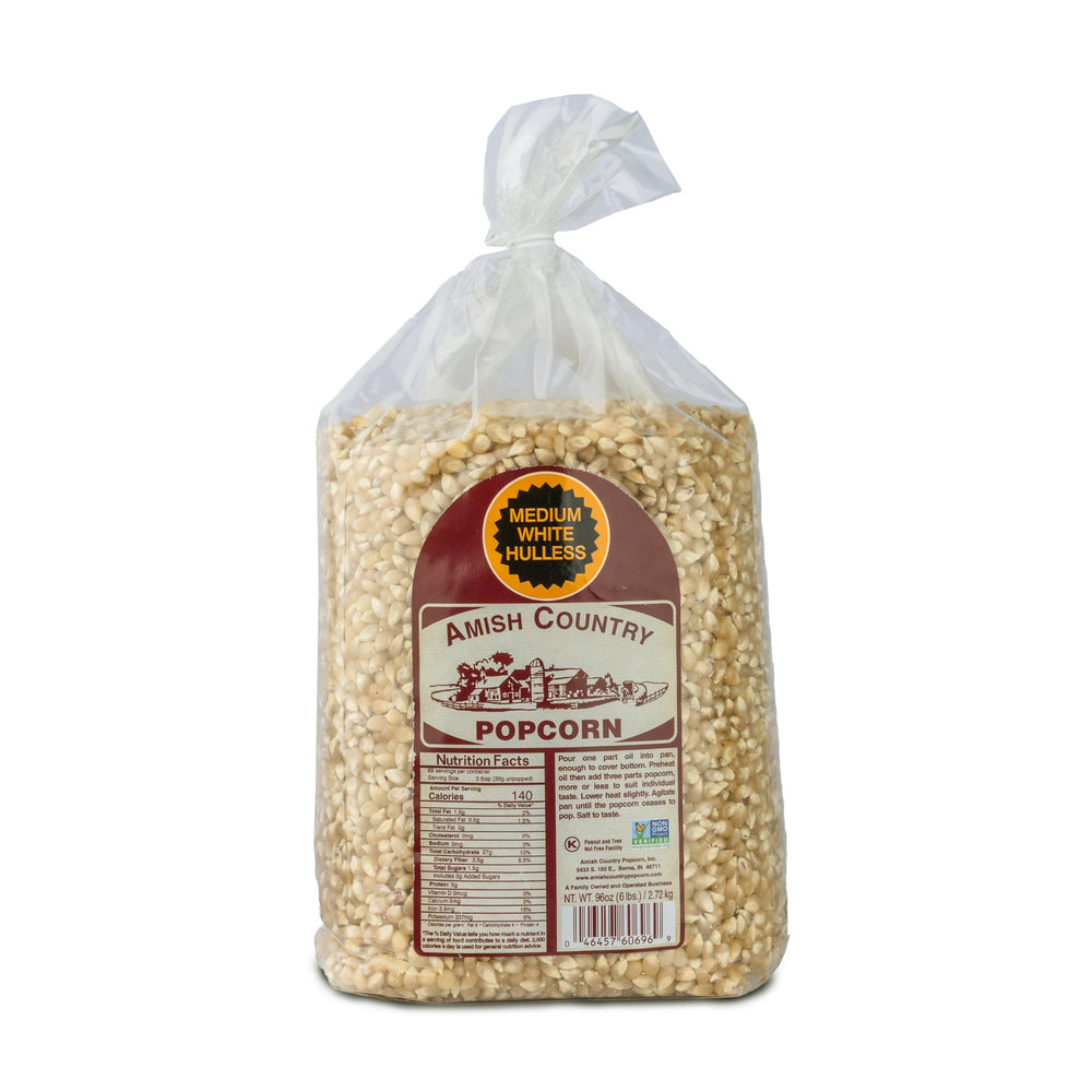 Amish Country Popcorn medium white kernels in a 6 lb bag ready for home popping.