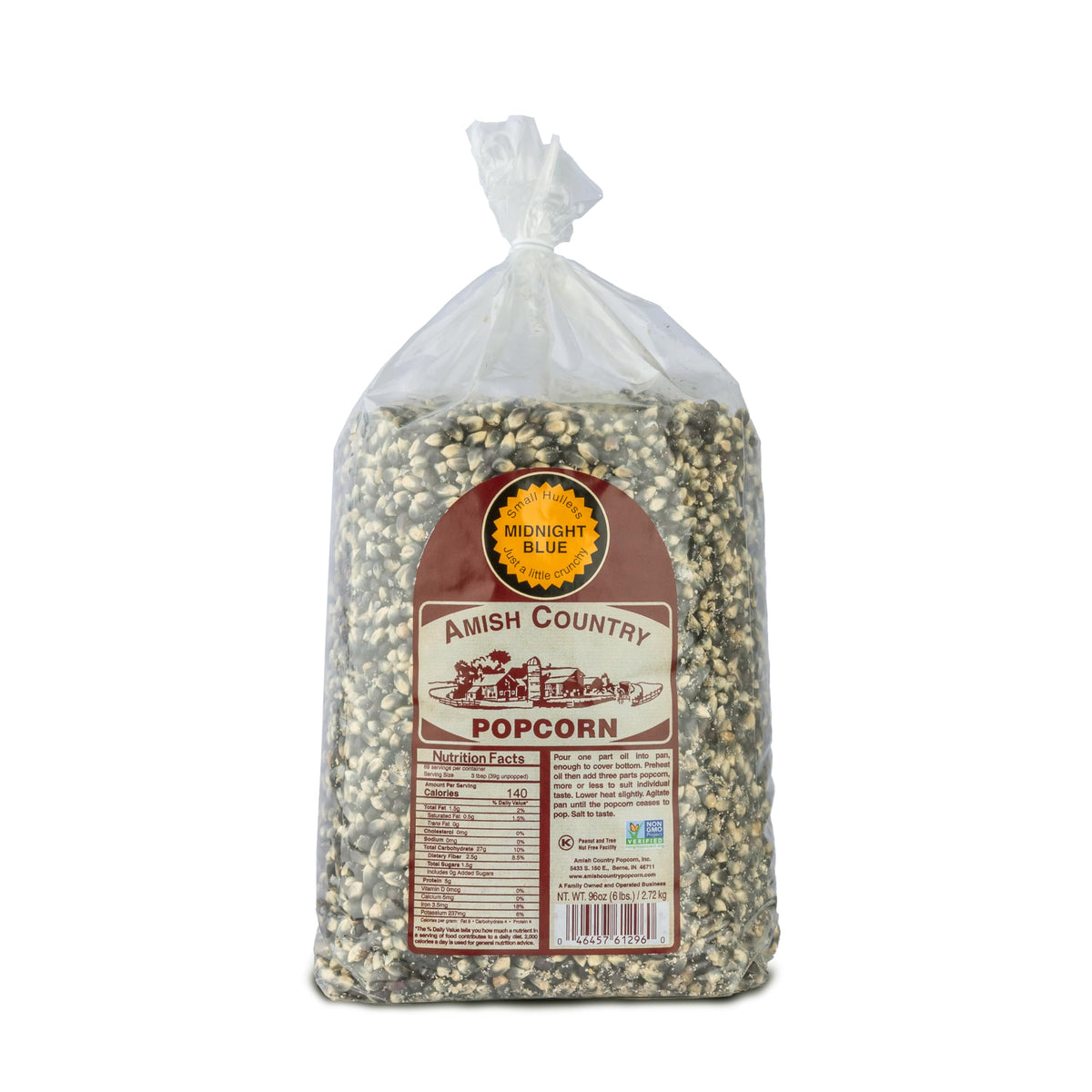 Amish Country Popcorn Midnight Blue kernels in a bag, ready for fresh popping at home.