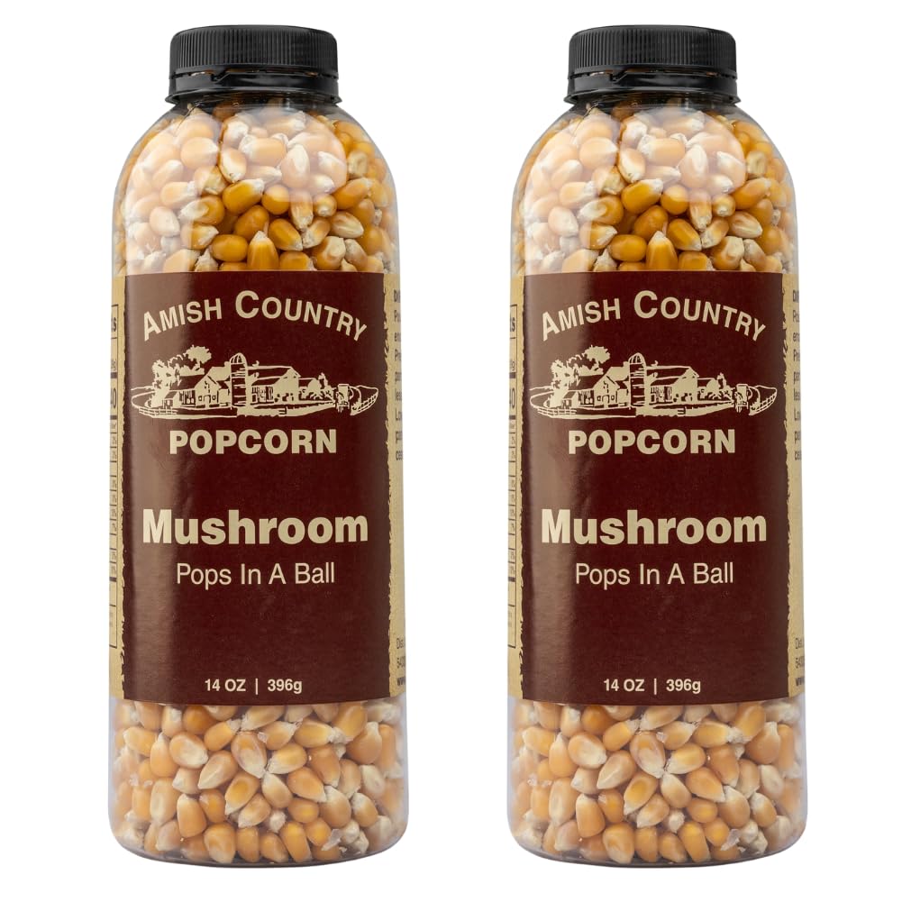 Amish Country Popcorn mushroom kernel bottle front showing a non GMO gluten free snack
