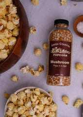Amish Country Popcorn mushroom kernel bottle label highlights gluten free and quality ingredients