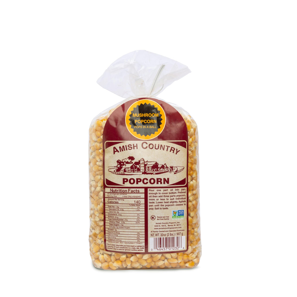 Amish Country Popcorn mushroom kernels in a 2-lb bag, ready to pop.