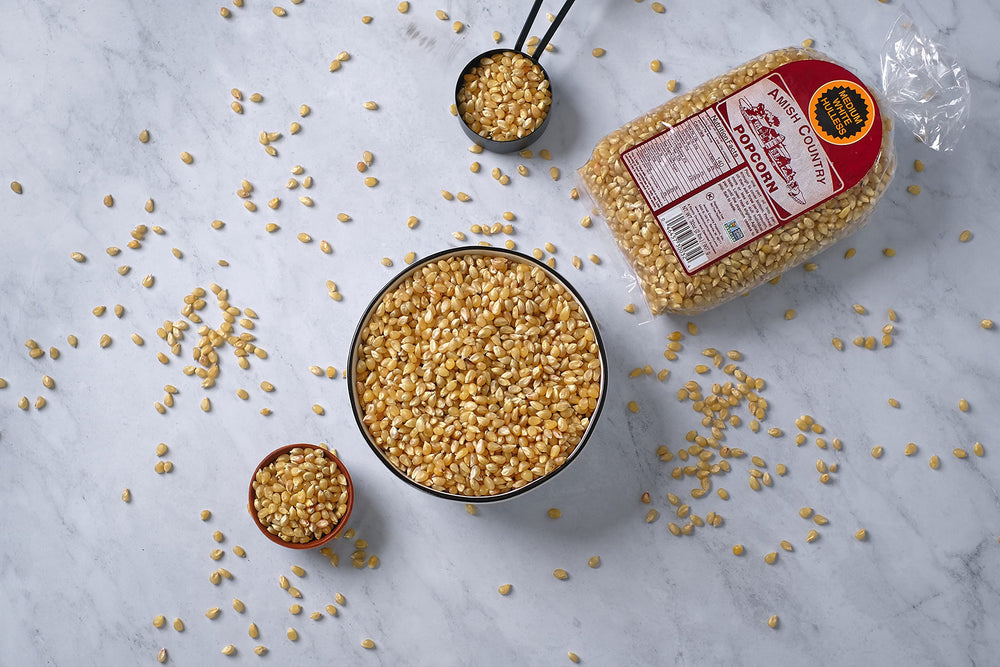 Amish Country Popcorn packaging displays non-GMO and gluten-free badges